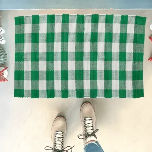 Green and White Buffalo Check Rag Rug